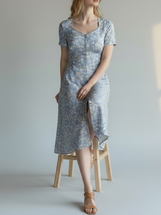 Vintage Dresses & Skirts - Vintage 80’s Marks & Spencer Button Front Floral Midi Dress In Pale Blue Mix | 6
